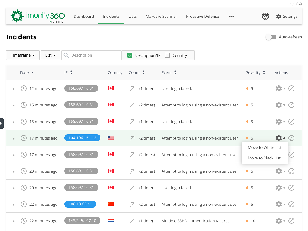 Imunify360 security dashboard