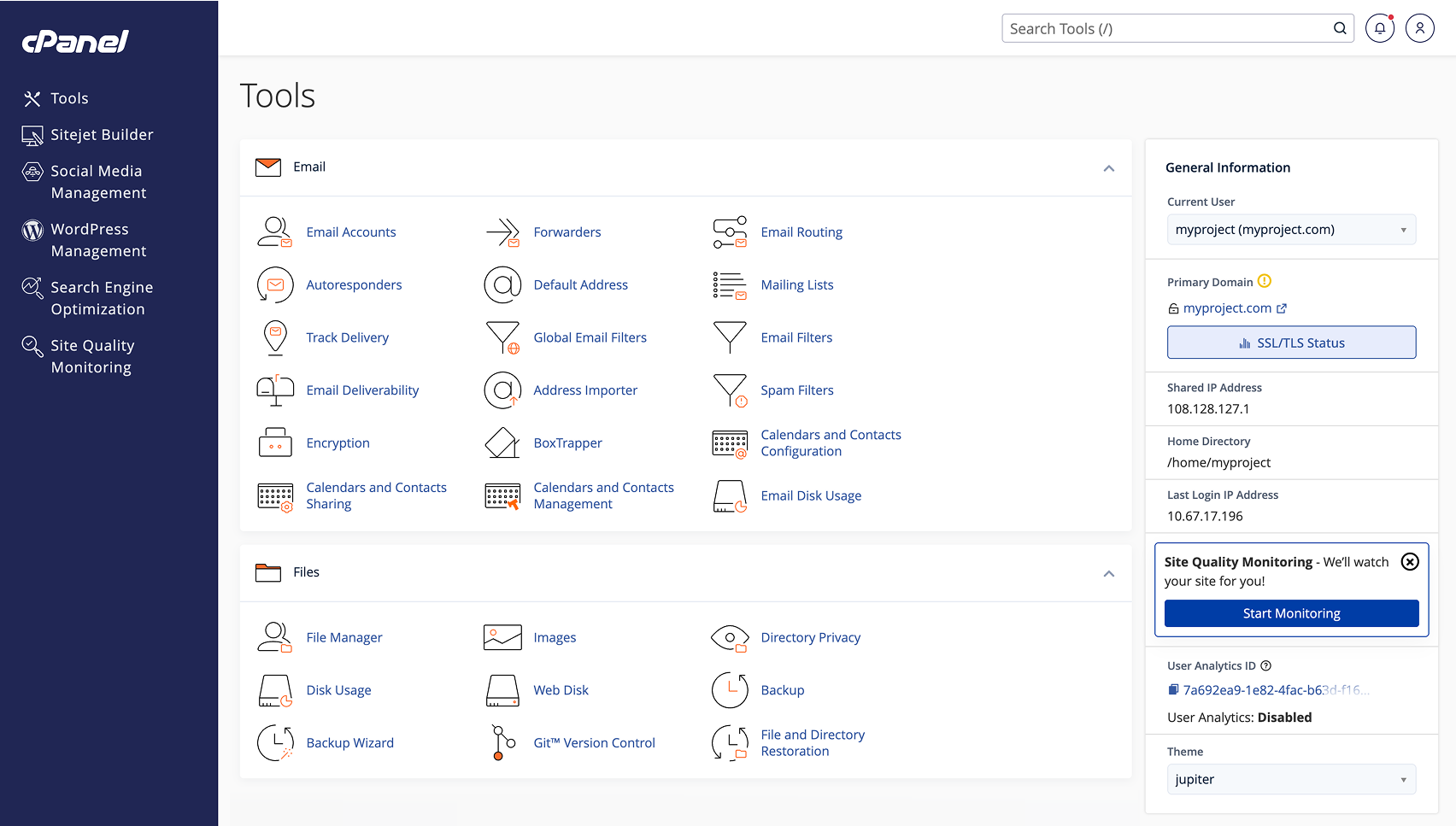 cPanel dashboard interface