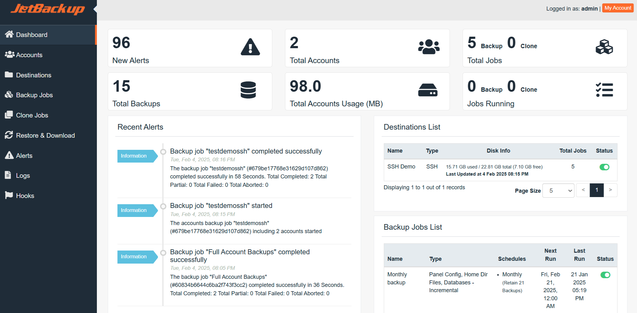 JetBackup dashboard interface