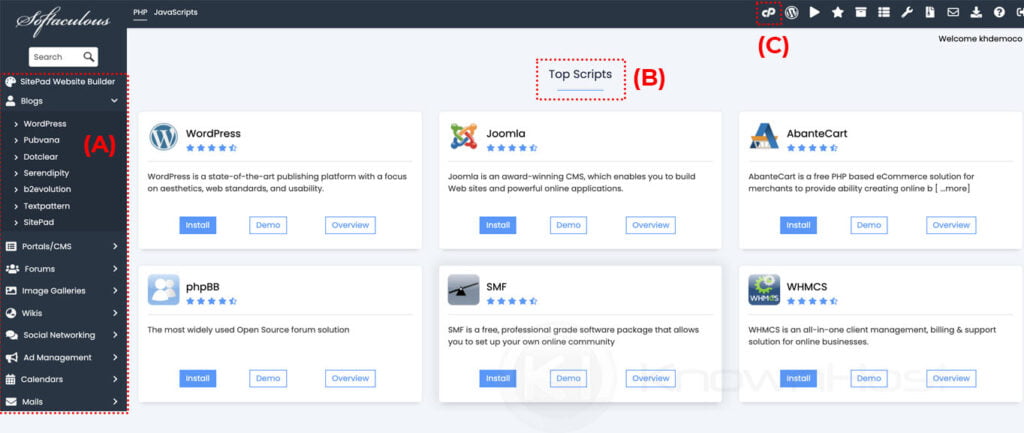 Softaculous dashboard in cPanel