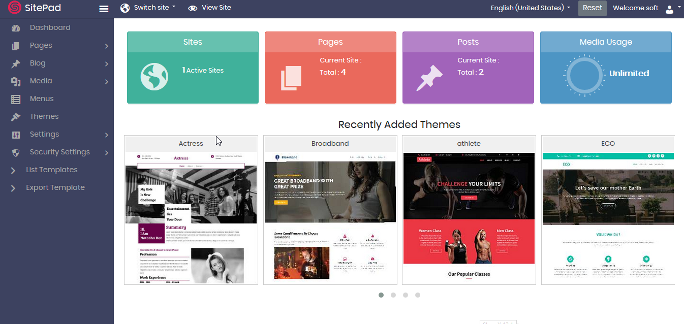 SitePad website builder dashboard